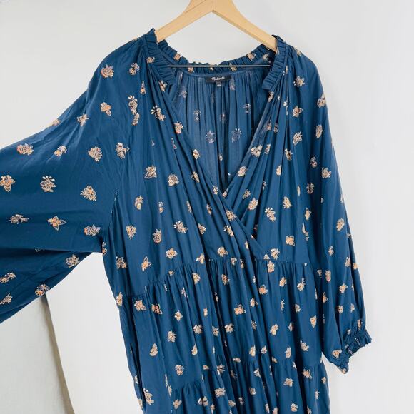Madewell Plus Challis Floral Midi Dress Navy Boho Long Sleeve Tiered Flowy 2X - Picture 8 of 13